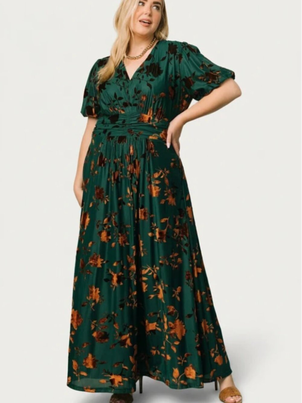 Baltic Born | Leslie Velvet Maxi Dress Floral Bronze & Jade | Size 1XL - Picture 5 of 15